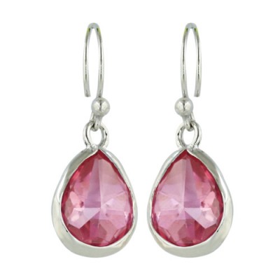 Sterling Silver Earring 8X11mm Pink Cubic Zirconia Tear Drop Hammerred Bezel Set
