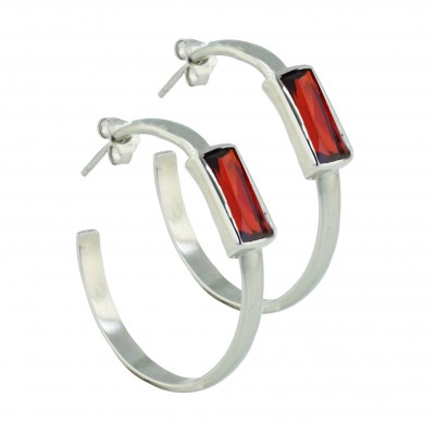 Sterling Silver Earring 29mm Post "C" Hoop 12X6mm Garnet Cubic Zirconia Baguette P