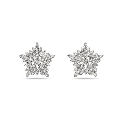 Sterling Silver Earring 14X14mm Clear Cubic Zirconia Open Star Stud--Rhodium Plating/Nickle Free--