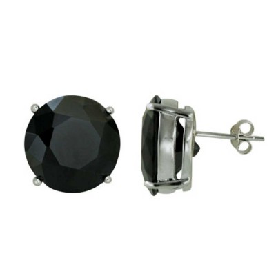 Sterling Silver Earring 15mm Black Cubic Zirconia Round Black Cubic Zirconia Stud--Rhodium Plating/Nickle Free--