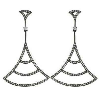 Sterling Silver Earring 65X40mm Open Black Rhodium Plating+Clear Cubic Zirconia Curved Triangle with