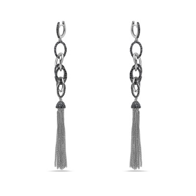 Sterling Silver Earring Black Cubic Zirconia Multiple Open Oval Links with Chains Da