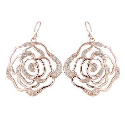 Sterling Silver Earring Clear Cubic Zirconia+Rosegold Plate Opened Flower with Fish Ho