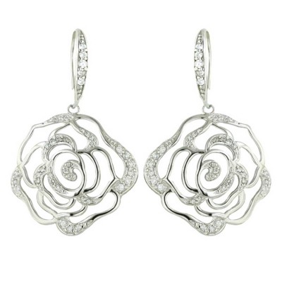 Sterling Silver Earring Clear Cubic Zirconia+Silver Opened Flower with Clear Cubic Zirconia Hook--Rhodium Plating
