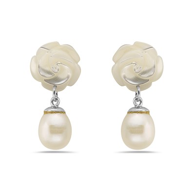 Sterling Silver Earring White Mother of Pearl Roses Top with 8mm White Fresh Water Pearl