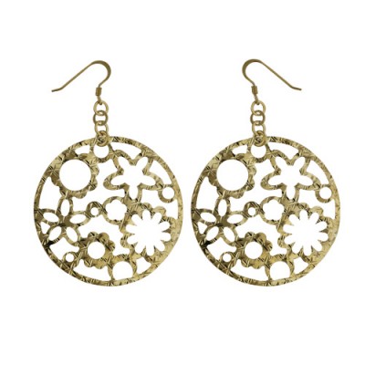 Sterling Silver Earring 40mm Textured Open Flower Circle with Fish