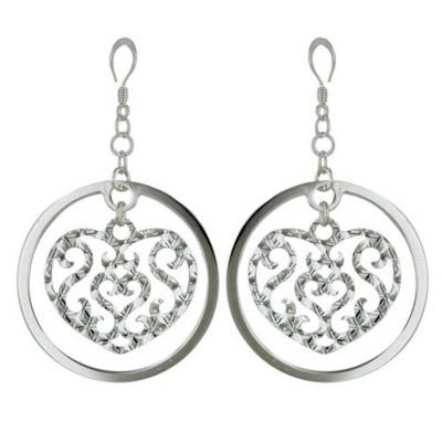 Sterling Silver Earring Width=27mm Open Filigree Heart+35mm Flat C