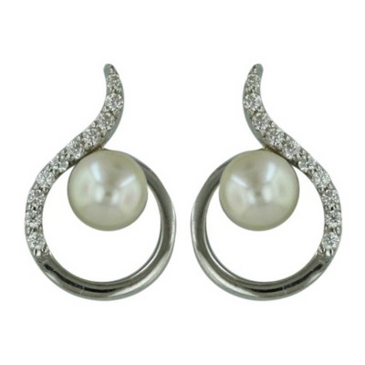 Sterling Silver Earring 6mm White Fresh Water Pearl with Clear Cubic Zirconia Open R