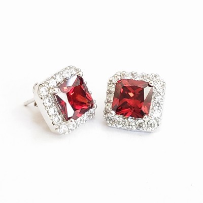 Sterling Silver Earring 11X11Mm Square Garnet Cubic Zirconia With Clear Cubic Zirconia Ar