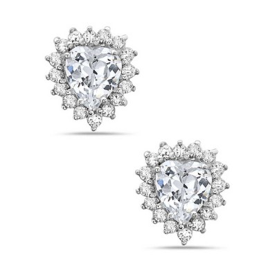 Sterling Silver Earring Clear Cubic Zirconia Heart with Cubic Zirconia Marquis Around--Rhodium Plating/Nickle Free--