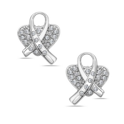Sterling Silver Earring Clear Cubic Zirconia Heart with Breast Awareness