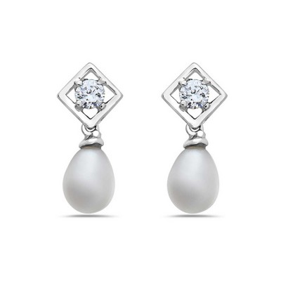 Sterling Silver Earring Clear Cubic Zirconia with 6-8mm Teardrop Fresh Water Pearl