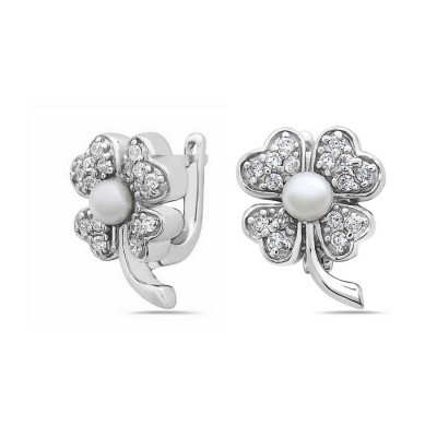 Sterling Silver Earring Clear Cubic Zirconia with 6mm White Fresh Water Pearl Flower Refer T