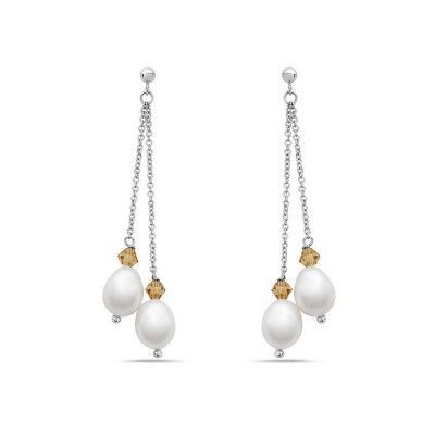 Sterling Silver Earring 8-10mm Oval Fresh Water Pearl-2 Dangling with Champagne Crystal-2