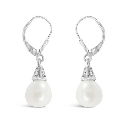 Sterling Silver Earring 5 Sides Pyramid + 8-9mm Oval Fresh Water Pearl with Clear Cubic Zirconia