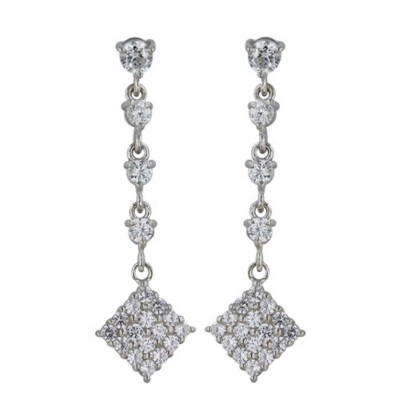 Sterling Silver Earring with Post and Drop Square with Clear Cubic Zirconia