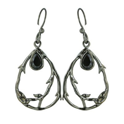 Sterling Silver Earring Open Tear Drop with Black Cubic Zirconia Rutenia Plating