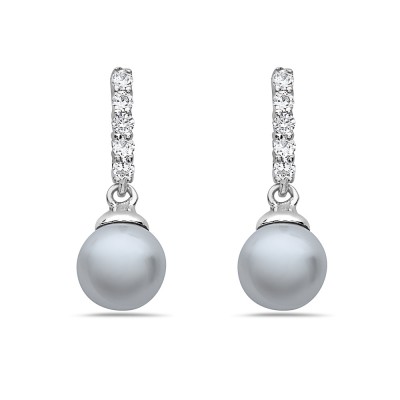 Sterling Silver Earring with Drop Dangle with Clear Cubic Zirconia and Faux P