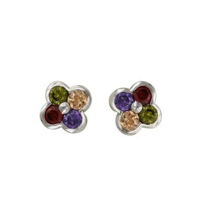 Sterling Silver Earring with 4 Petals with Mutlicolor Cubic Zirconia