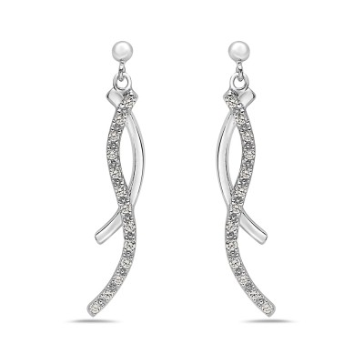 Sterling Silver Earring with 2 Wavy Lines with Clear Cubic Zirconia