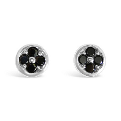 Sterling Silver Earring Round Stud with 4 Black Cubic Zirconia