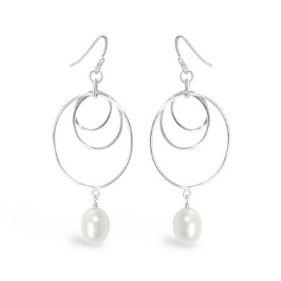 Sterling Silver Earring Three Circles + 8-9mm Fresh Water Pearl Dangling with Fish