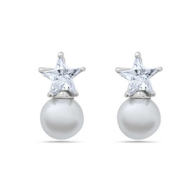 Sterling Silver Earring Clear Cubic Zirconia Star+8-8mm Faux White Pearl