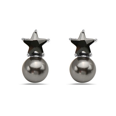 Sterling Silver Earring Black Cubic Zirconia Star+8-8mm Faux Gray Pearl