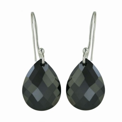 Sterling Silver Earring 12-16mm Black Cubic Zirconia Chess Cut Teardrop with Fish