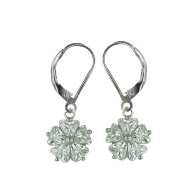 Sterling Silver Earring Dangle with Flower Clear Cubic Zirconia 4 X 4 mm with L