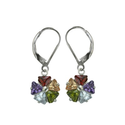 Sterling Silver Earring Dangle with Flower Multicolor Cubic Zirconia 4X4 mm with