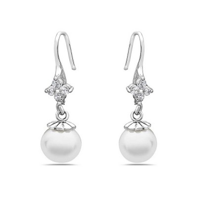 Sterling Silver Earg 8Mm Shell Pearl W/ Clear Cz & French Wire