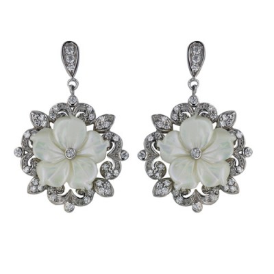 Sterling Silver Earring Dangle with 16mm Mother of Pearl Flower with Clear Cubic Zirconia with P