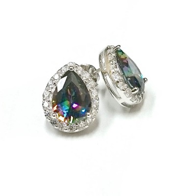 Sterling Silver Earring Teardrop Mystic Topaz Cubic Zirconia with Clear Cubic Zirconia