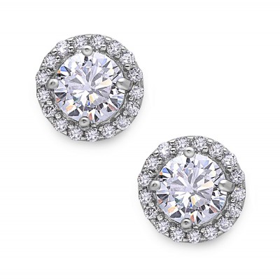 Sterling Silver Earring Stud with 7.5mm Round Clear Cubic Zirconia Center with Cle