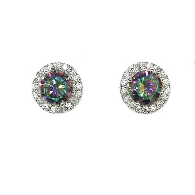 Sterling Silver Earring 7mm Mystic Topaz Cubic Zirconia with Clear Cubic Zirconia Outline