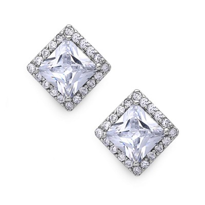 Sterling Silver Earring Stud Rhombus 9mm Clear Cubic Zirconia with Clear Cubic Zirconia Bord