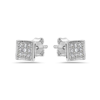 Sterling Silver Earring 5-5mm Square Stud with Clear Cubic Zirconia Pave