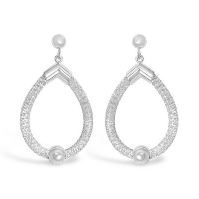 Sterling Silver Earring T Drop Shape Rhodium Plating Net Tube with 6mm Plain Silv