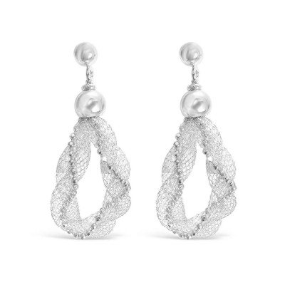 Sterling Silver Earring Twisted Net Tubes Oval Shape Rhodium Plating Plating Da