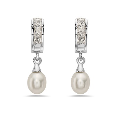 Sterling Silver Earring 25mm Length 5-8mm Fresh Water Pearl with Clear Cubic Zirconia Post Danglin