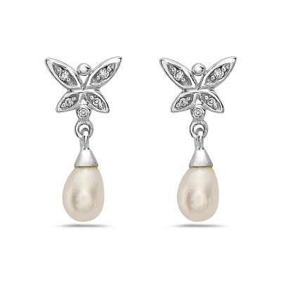 Sterling Silver Earring 22mm Butterfly+6-7mm Fresh Water Pearl Drop Dangling with P