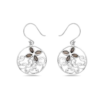 Sterling Silver Earring 22mm Round Open Filigree with 4 Smoky Quartz