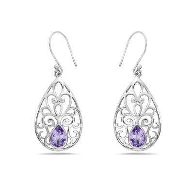 Sterling Silver Earring Tear Drop Open Filigree with Tear Drop Genuine Amethyst