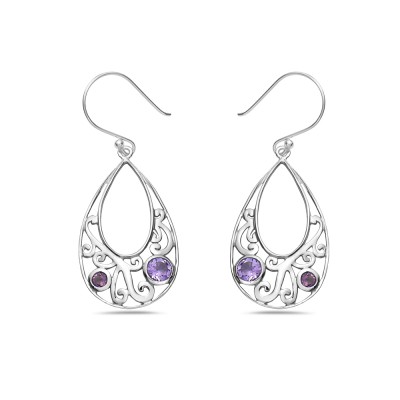Sterling Silver Earring 17-30mm Open Tear Drop Filigree with 2 Amy Gem S