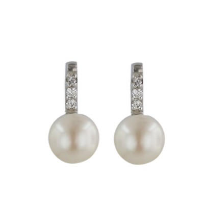 Sterling Silver Earring White Potato Fresh Water Pearl with Clear Cubic Zirconia Bar with Post