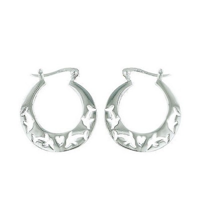 Sterling Silver Earring Thick Hoop with Dolphin and Heart Pattern
