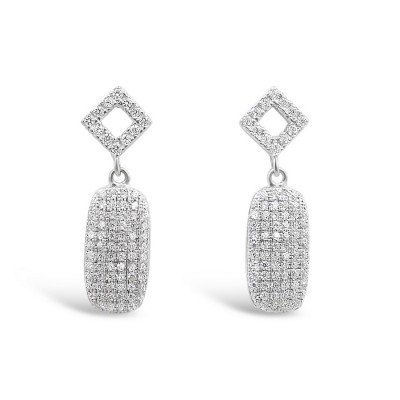 Sterling Silver Earring Puffy Oval Shape Drop Paved in Clear Cubic Zirconia