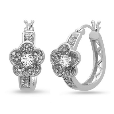 Sterling Silver Earring Small Hoop Flower with Clear Cubic Zirconia