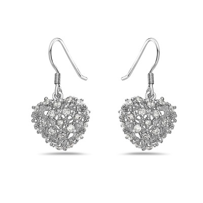 Sterling Silver Earring Hollow Puffy Heart with Clear Cubic Zirconia